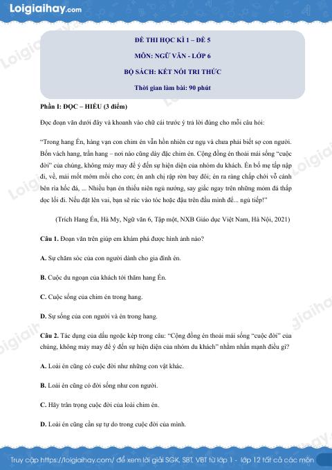 Đề thi học kì 1 Văn 6 Kết nối tri thức - Đề số 5